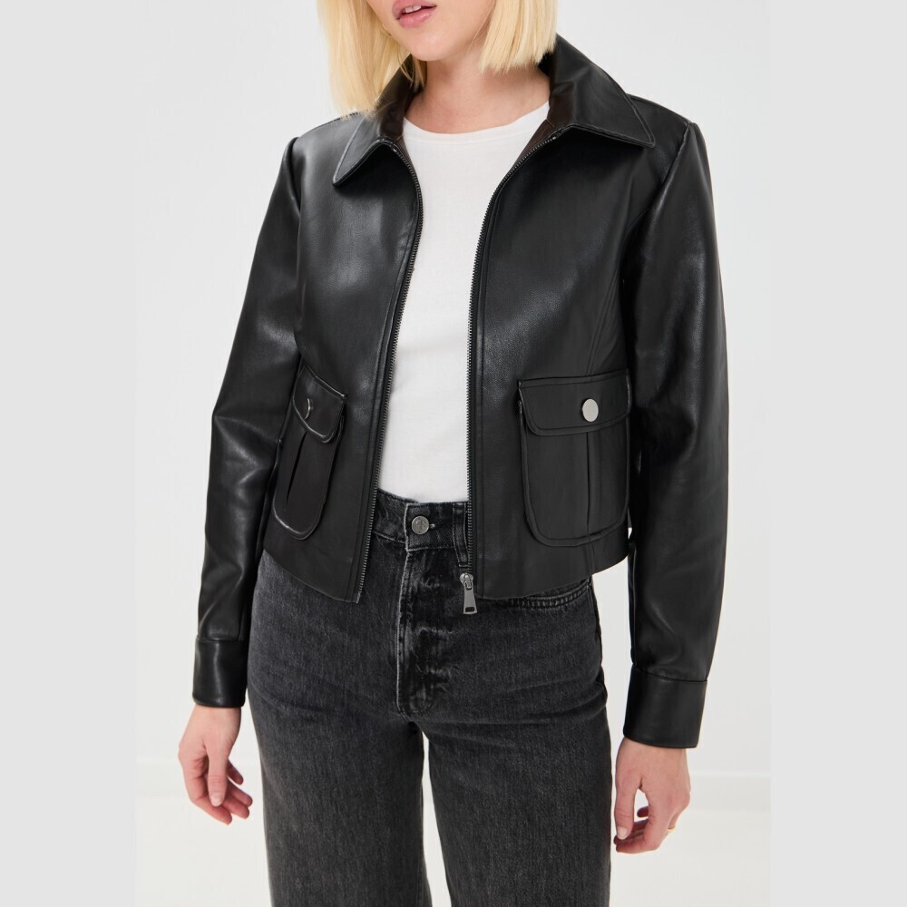 Black Faux Leather Cropped Moto Jacket with Flap Pockets